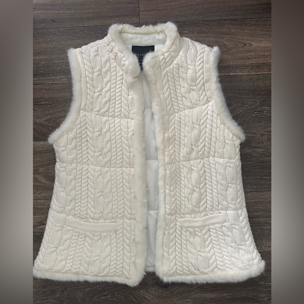 Talbots Faux Fur Trim Cable Vest - winter white